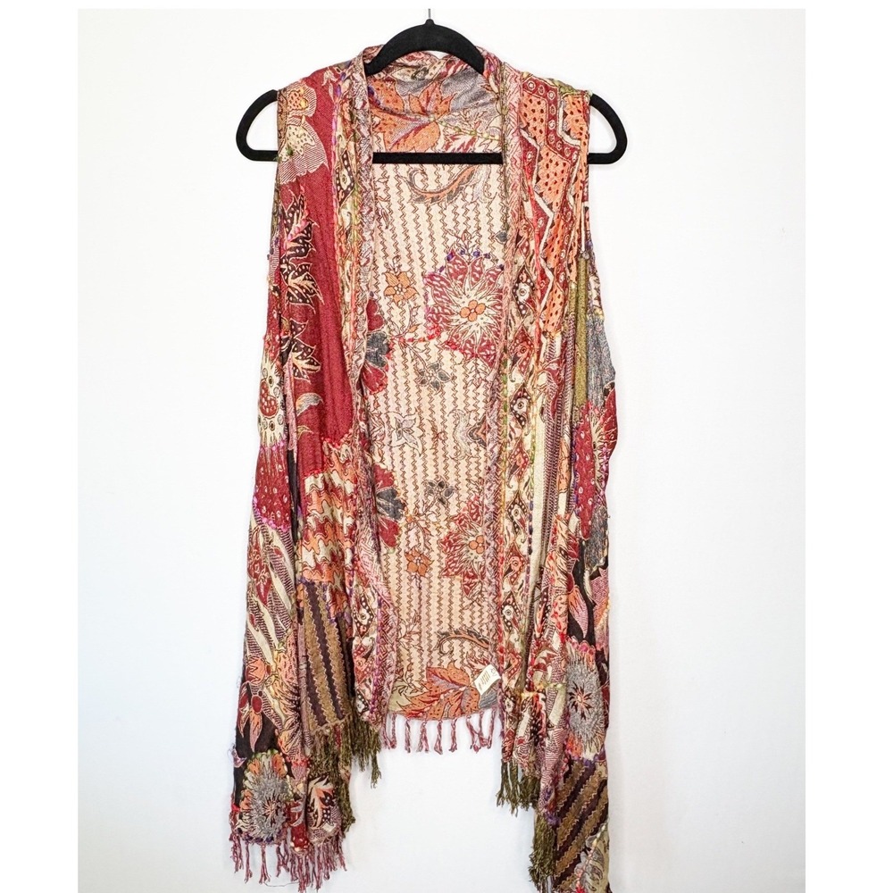 Raj Boho Patchwork Embroidered Fringe Open Front Vest Kimono Red Multi One Size